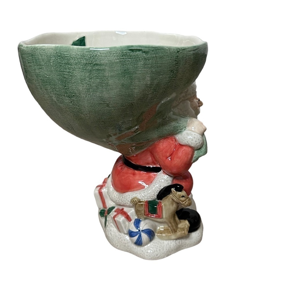 Vtg Fitz And Floyd 9.5" Ceramic Santa With Sack & Toys Footed Compote Bowl - Picture 7 of 8